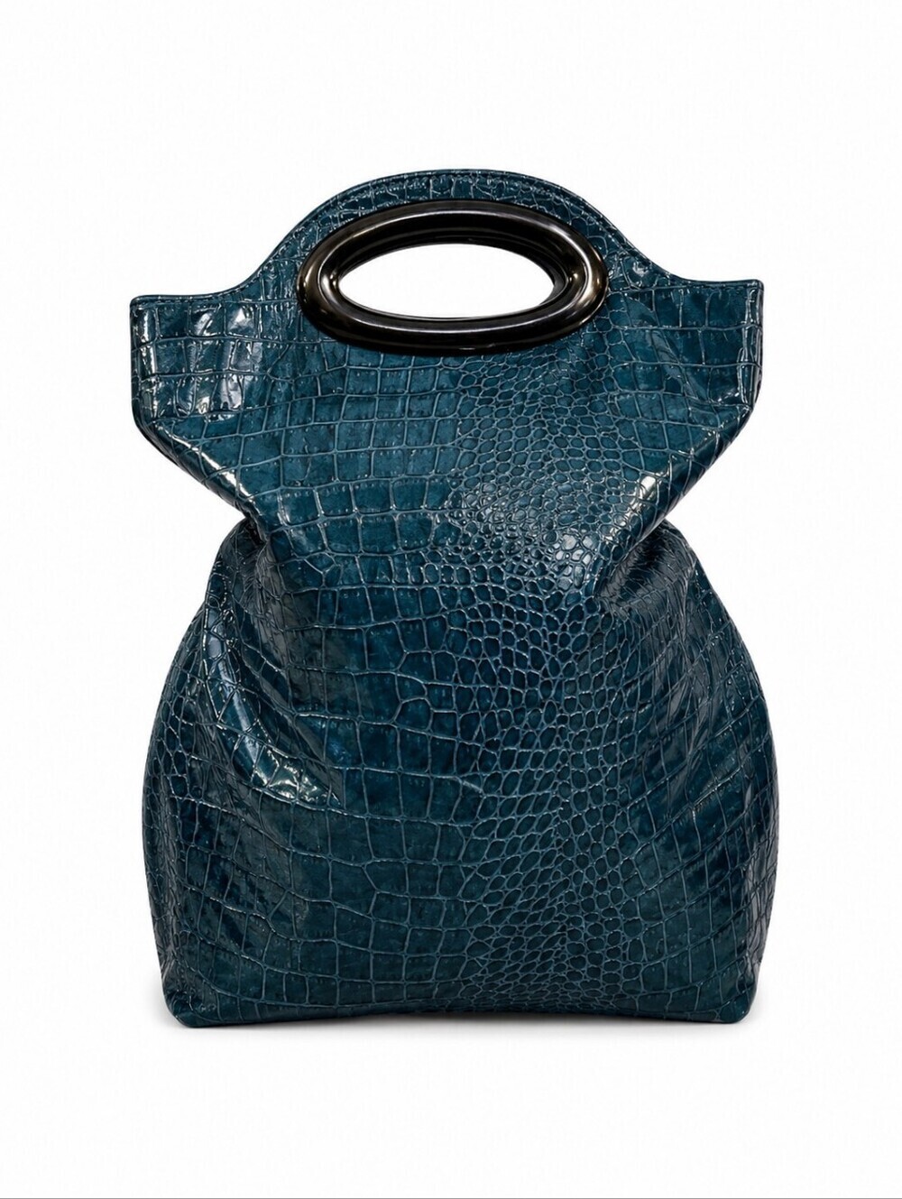 VTG 1990s Faux Alligator Teal Vertical Nappy Tote Festival Shopper Bag